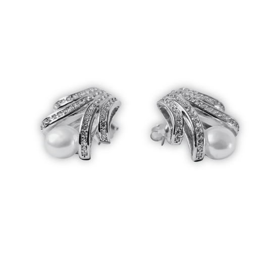Pearl Fan CZ Stud Earrings
