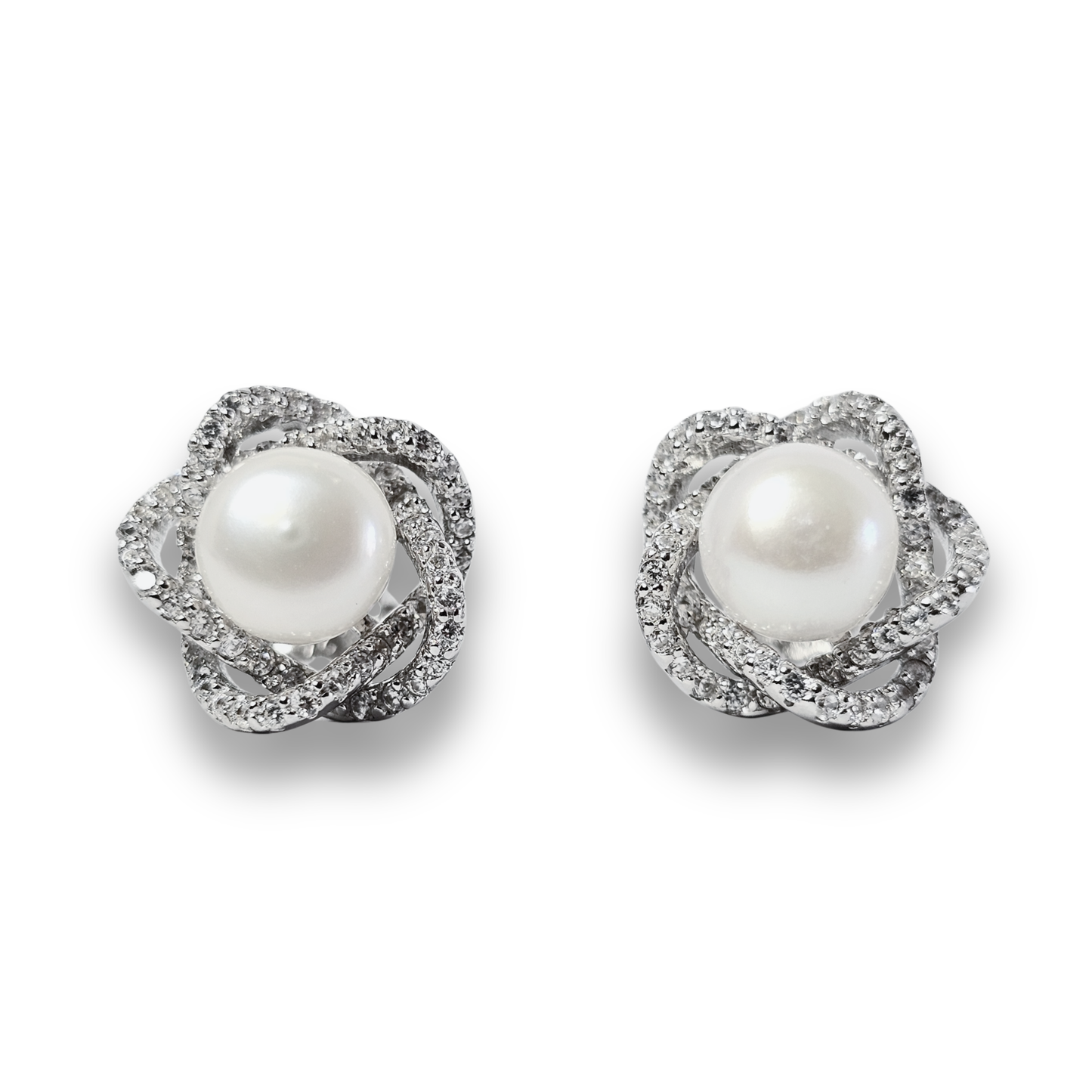 Intertwined Pearl CZ Stud Earrings
