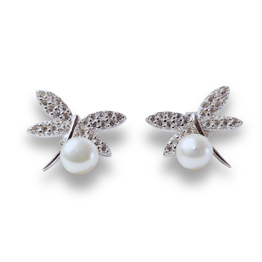 Pearl Dragonfly CZ Stud Earrings