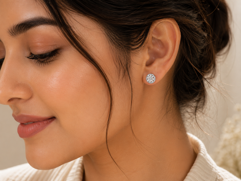 AANYA Radiant Bloom Halo CZ Stud Earrings