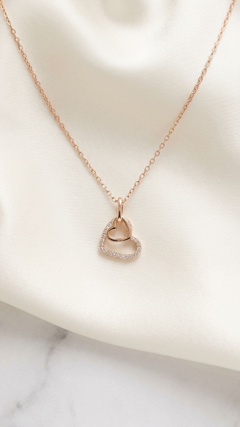 Double Heart Halo CZ Pendant displayed on luxury satin background
