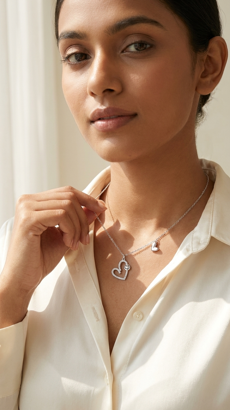 AANYA Smiley Twin Heart CZ Silver Pendant