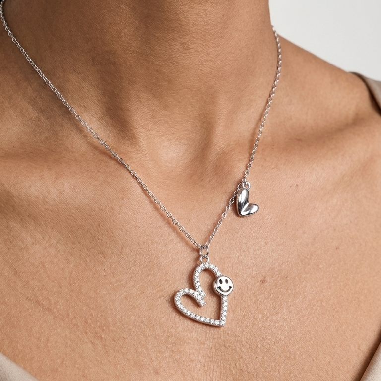 AANYA Smiley Twin Heart CZ Silver Pendant
