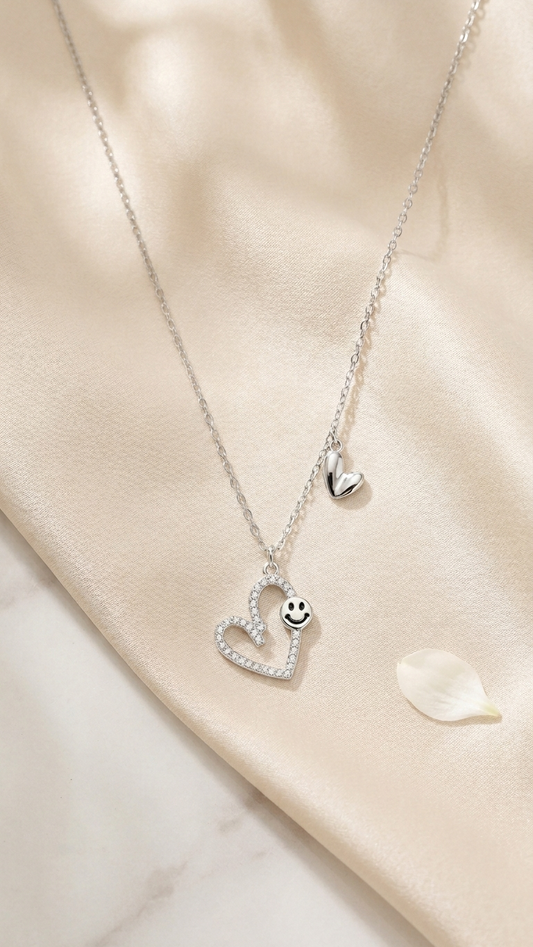 Smiley Twin Heart CZ Silver Pendant