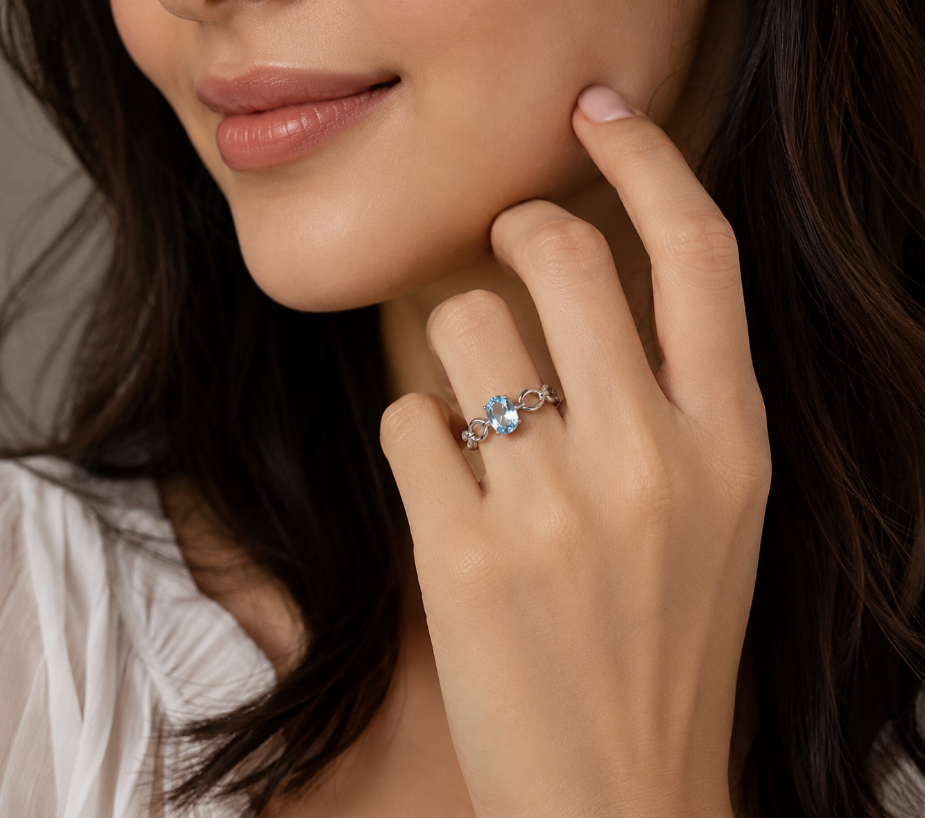 AANYA Blue Oval CZ Link Ring