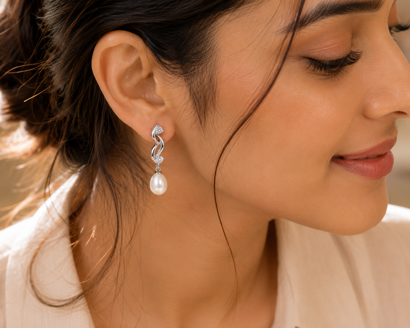 AANYA Pearl Twist CZ Silver Drop Earrings