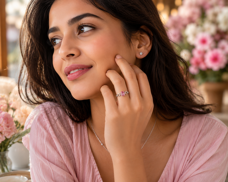 AANYA Pink Oval CZ Link Ring