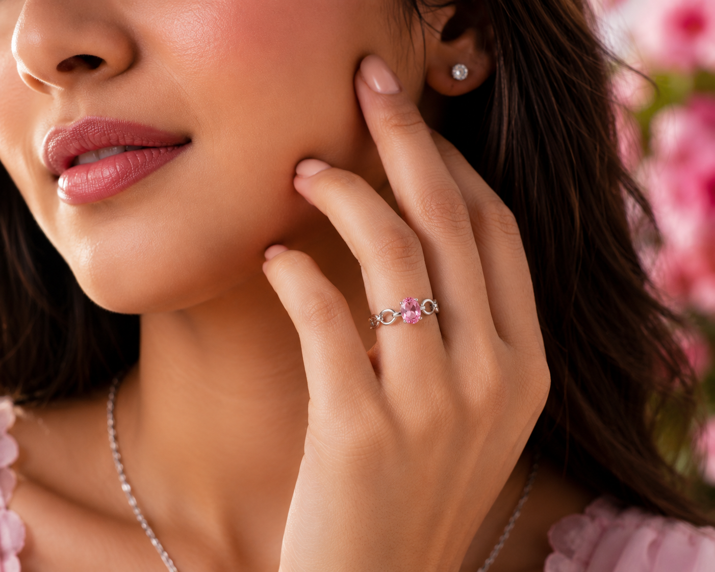 AANYA Pink Oval CZ Link Ring