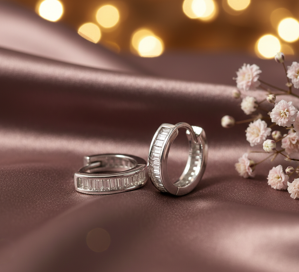 Slim CZ hoop earrings displayed on a luxury satin background