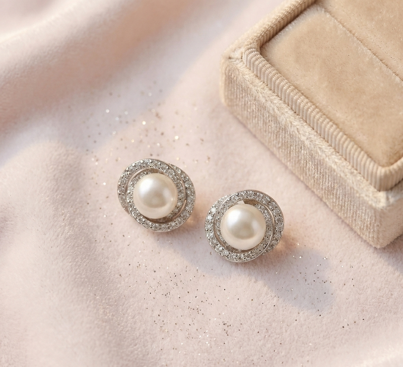 Intertwined Halo Pearl Stud Earrings