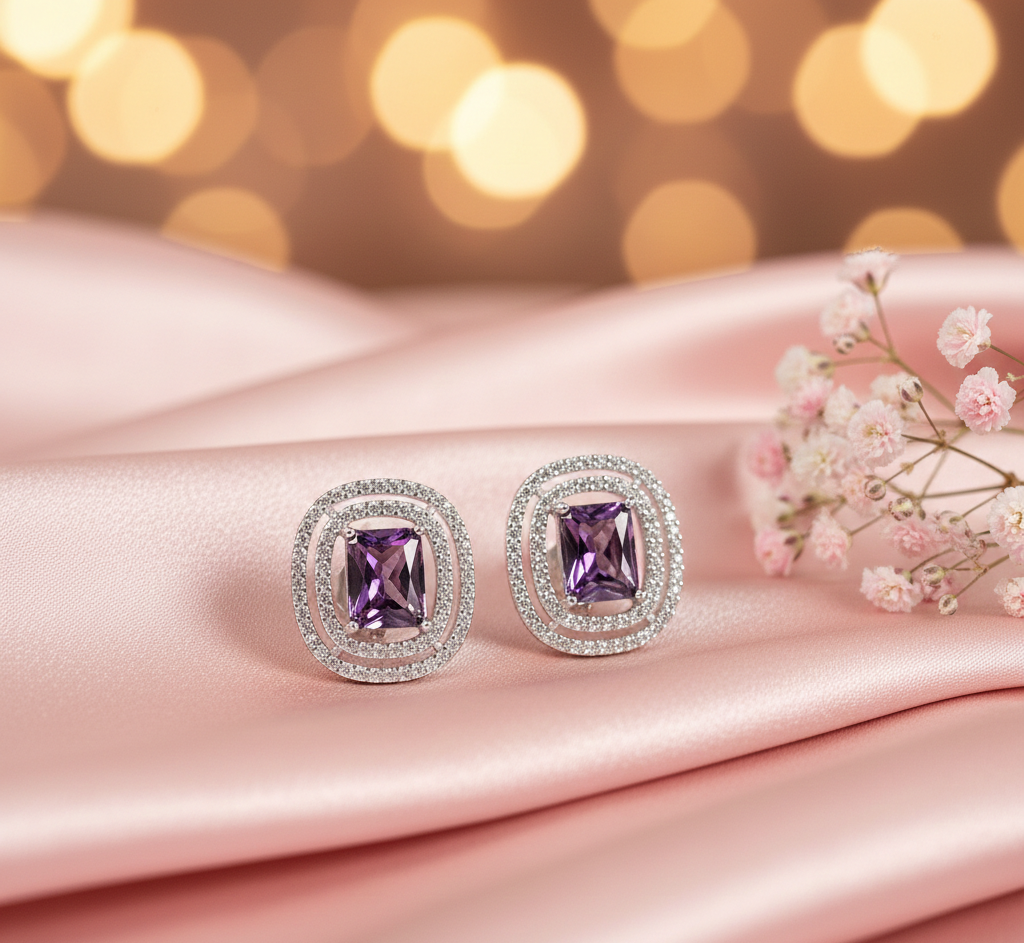AANYA Violet Cushion Halo Stud Earrings
