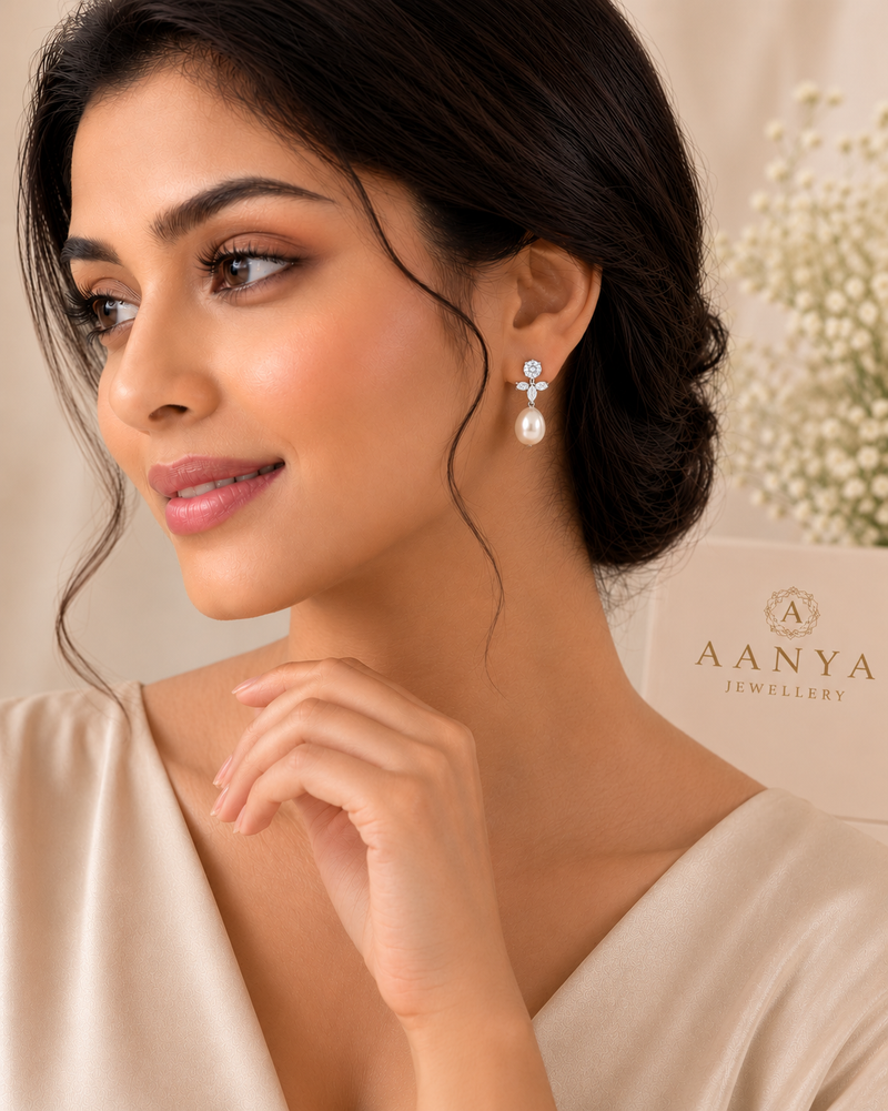 AANYA Flora Pearl CZ Drop Earrings