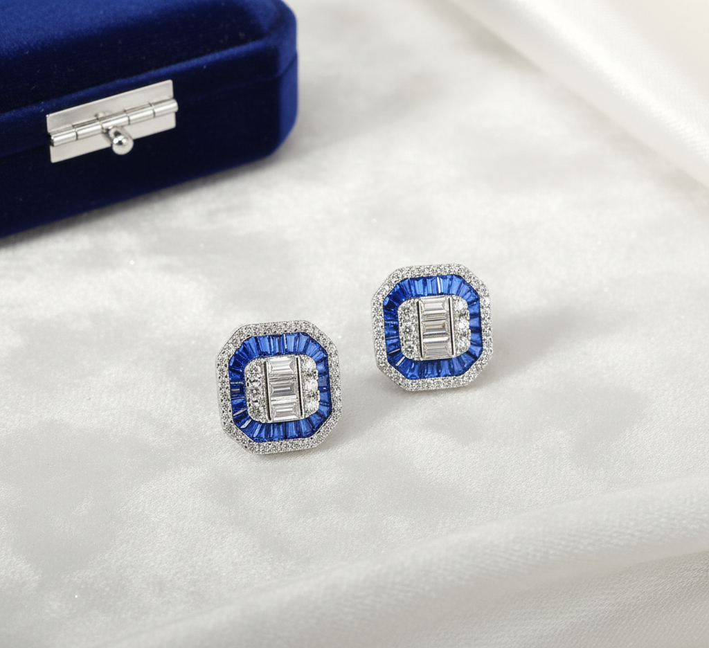 AANYA Royal Blue Cushion CZ Stud Earrings