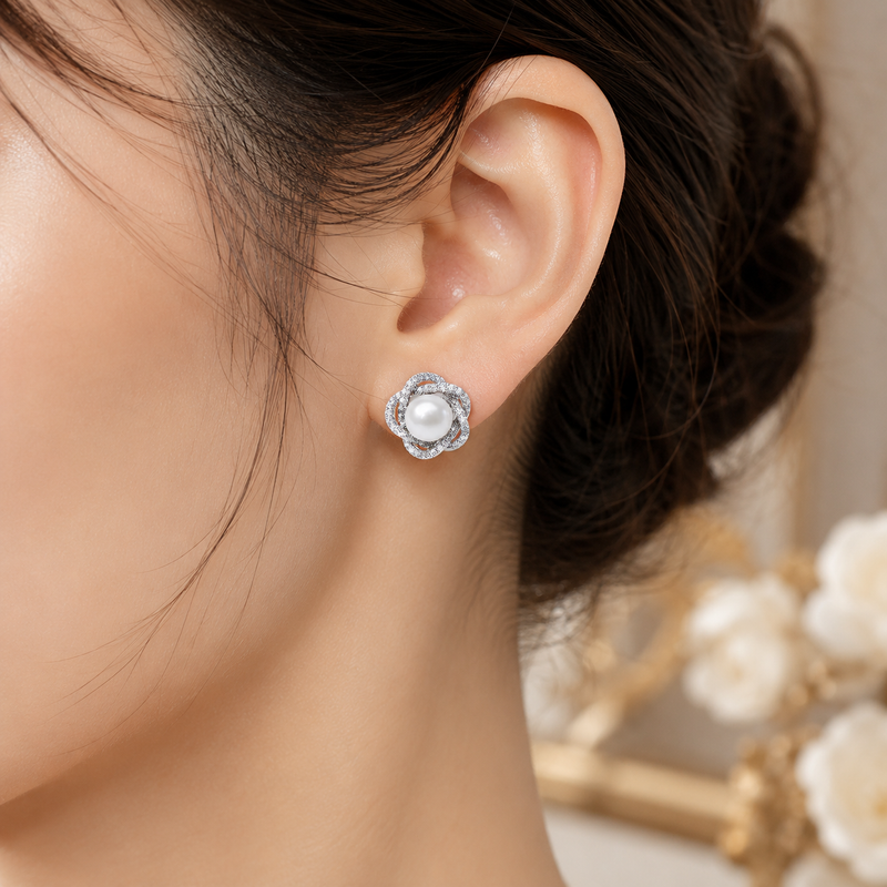 AANYA Intertwined Pearl CZ Stud Earrings