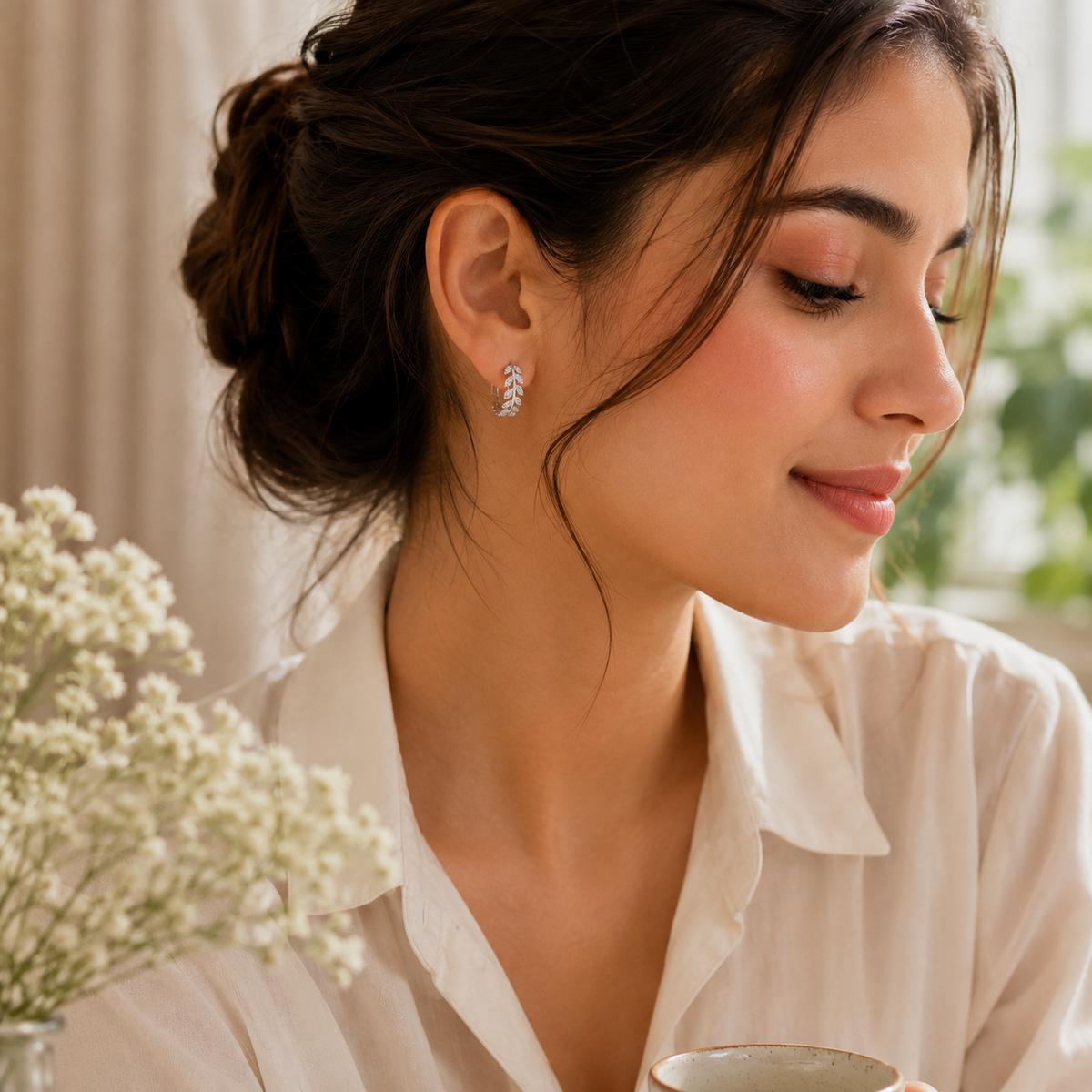 AANYA Olive Leaf CZ Hoop Earrings