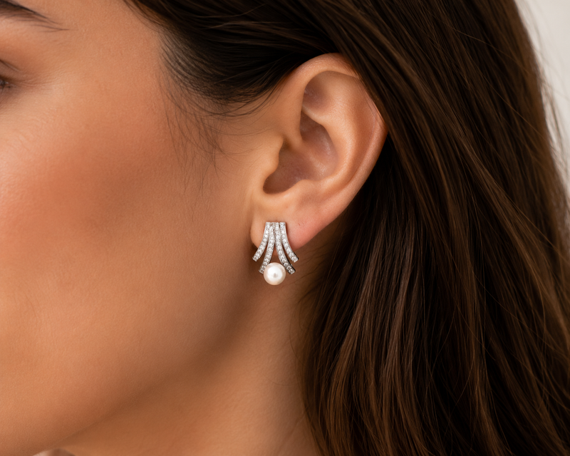 AANYA Pearl Fan CZ Stud Earrings