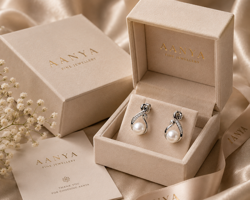 Pearl earrings in a 'AANYA Fine Jewellery' box on a satin surface.