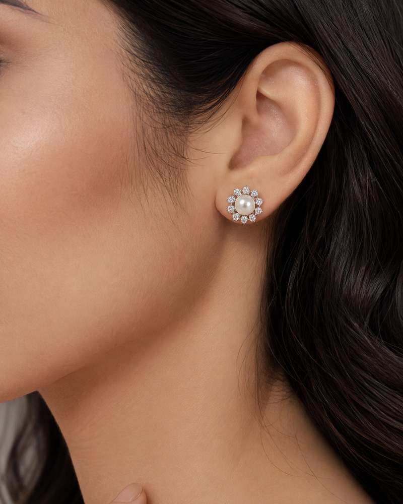 Pearl Halo CZ Stud Earrings