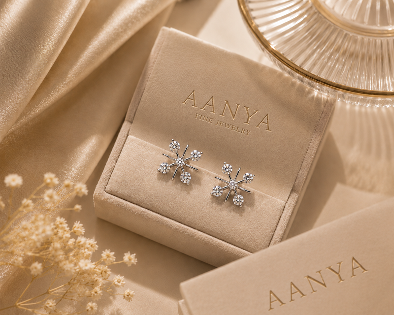 Snowflake earrings in a 'AANYA' jewelry box with flowers and a glass dish in the background.
