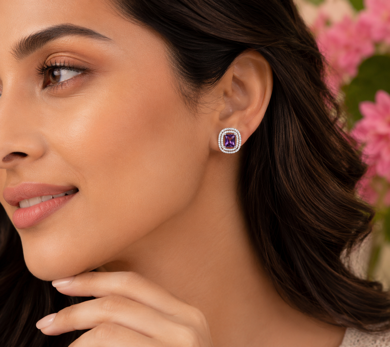 AANYA Violet Cushion Halo Stud Earrings