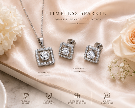 Premium square halo jewellery set displayed on satin fabric with rose accent for gifting