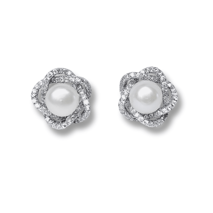 Intertwined Pearl CZ Stud Earrings