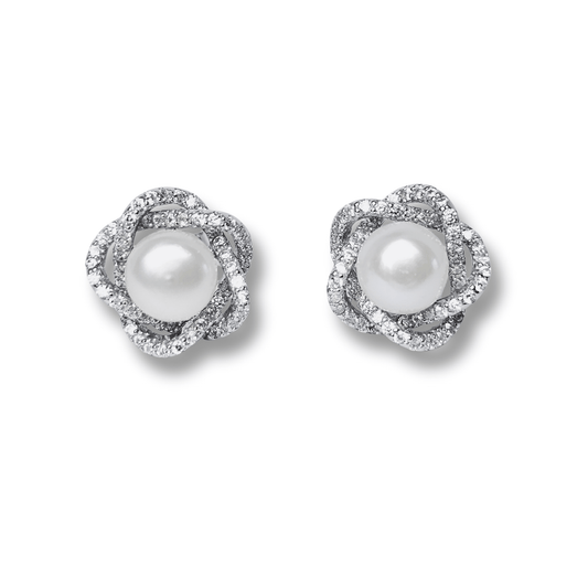 Intertwined Pearl CZ Stud Earrings