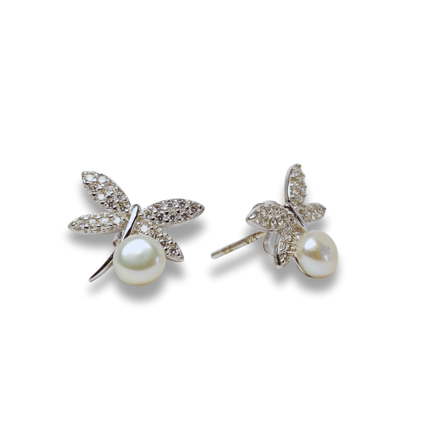Pearl Dragonfly CZ Stud Earrings