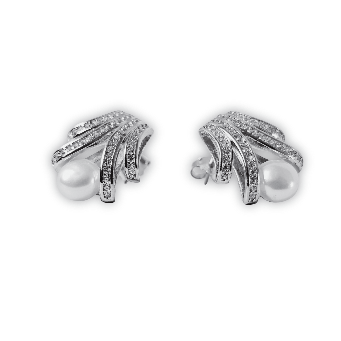 Pearl Fan CZ Stud Earrings