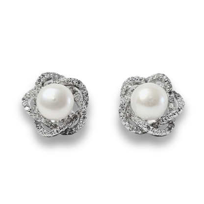 Intertwined Pearl CZ Stud Earrings