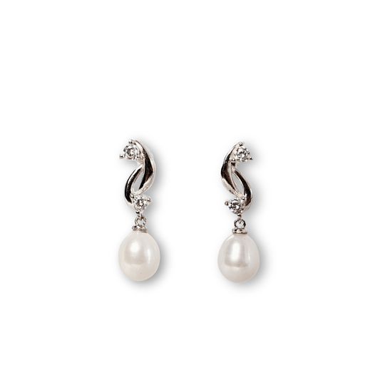 Pearl Twist CZ Silver Drop Earrings