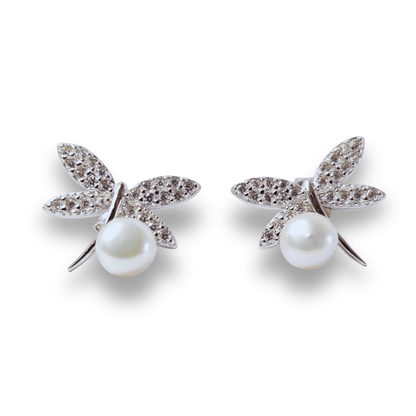 Pearl Dragonfly CZ Stud Earrings