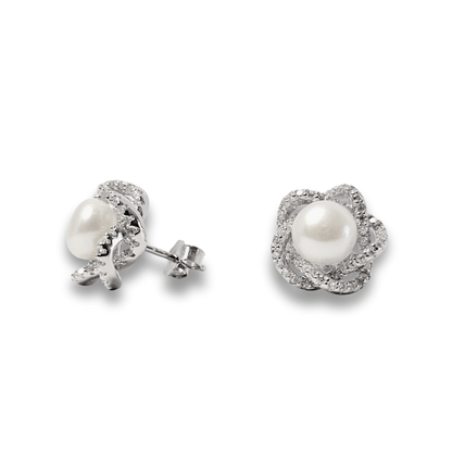 Intertwined Pearl CZ Stud Earrings