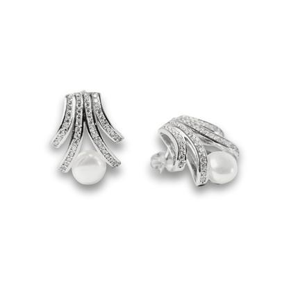 Pearl Fan CZ Stud Earrings