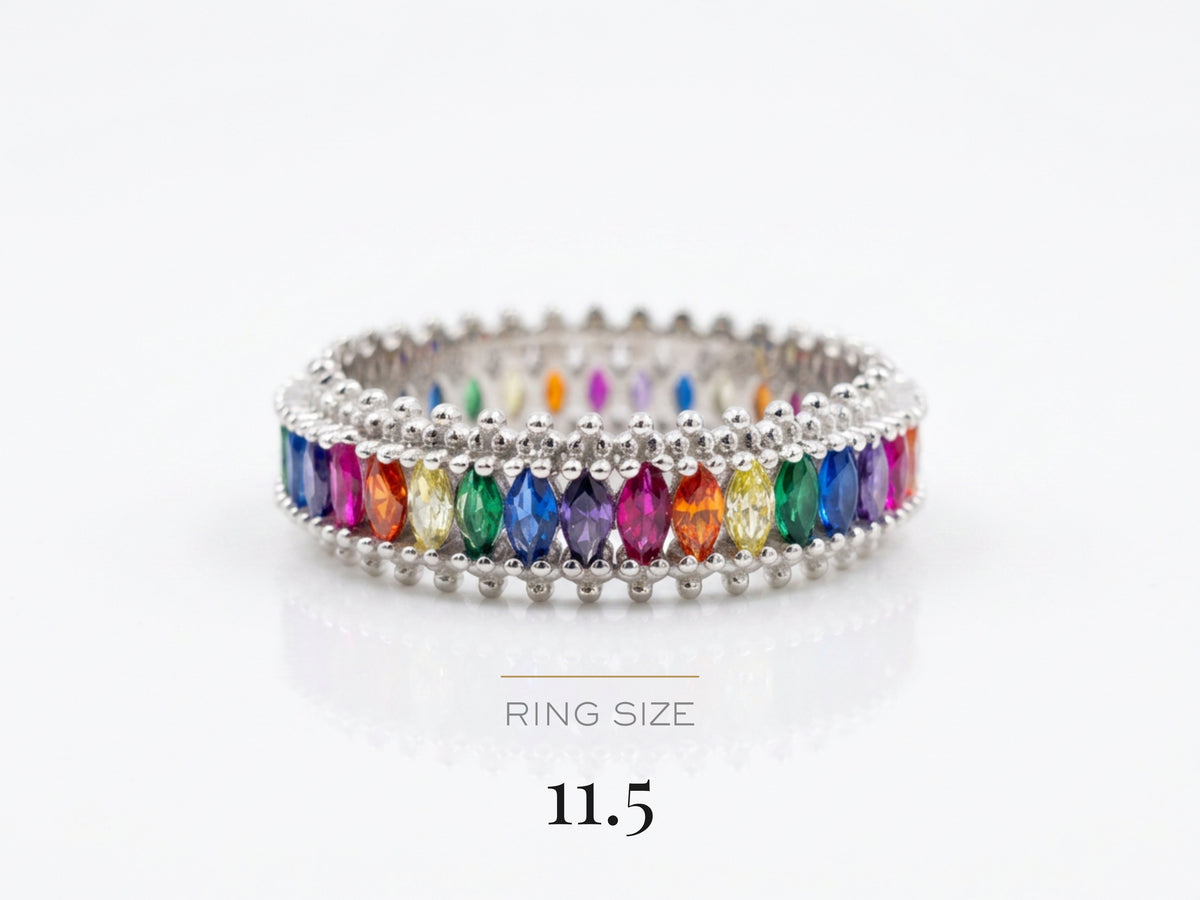 Power Baguette Statement Slim Ring in sterling silver with rainbow stones