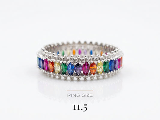 Power Baguette Statement Slim Ring in sterling silver with rainbow stones