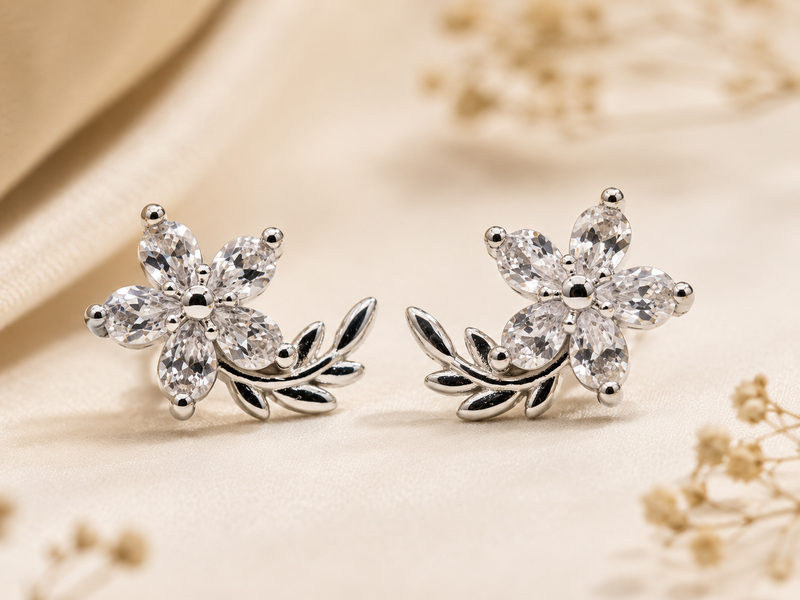 AANYA Bloom Petal CZ Floral Stud Earrings