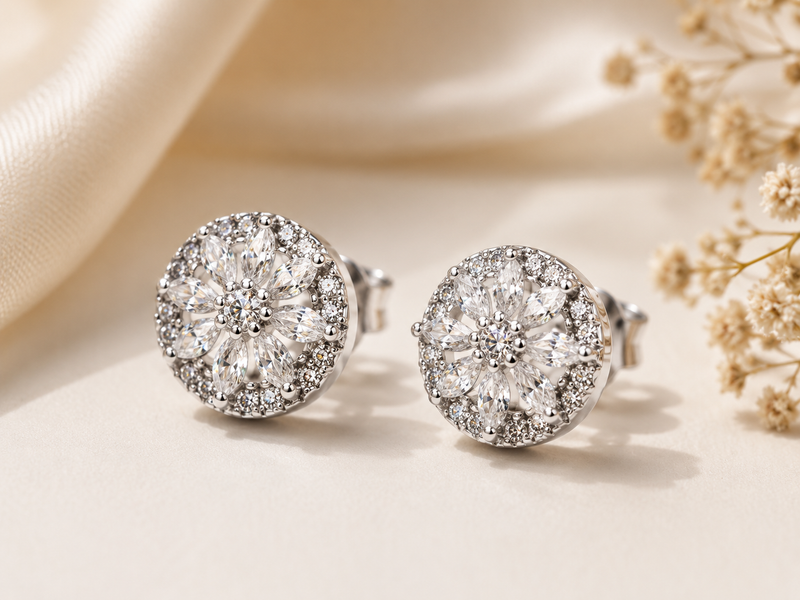 AANYA Radiant Bloom Halo CZ Stud Earrings