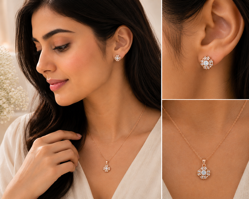 AANYA Radiant Bloom Pendant & Earrings Set