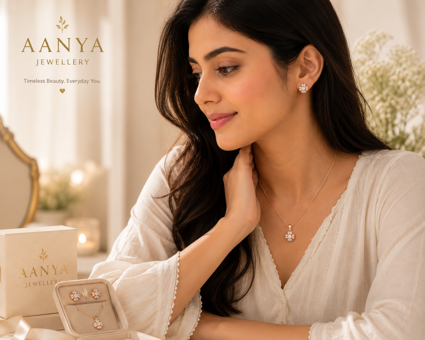 AANYA Radiant Bloom Pendant & Earrings Set