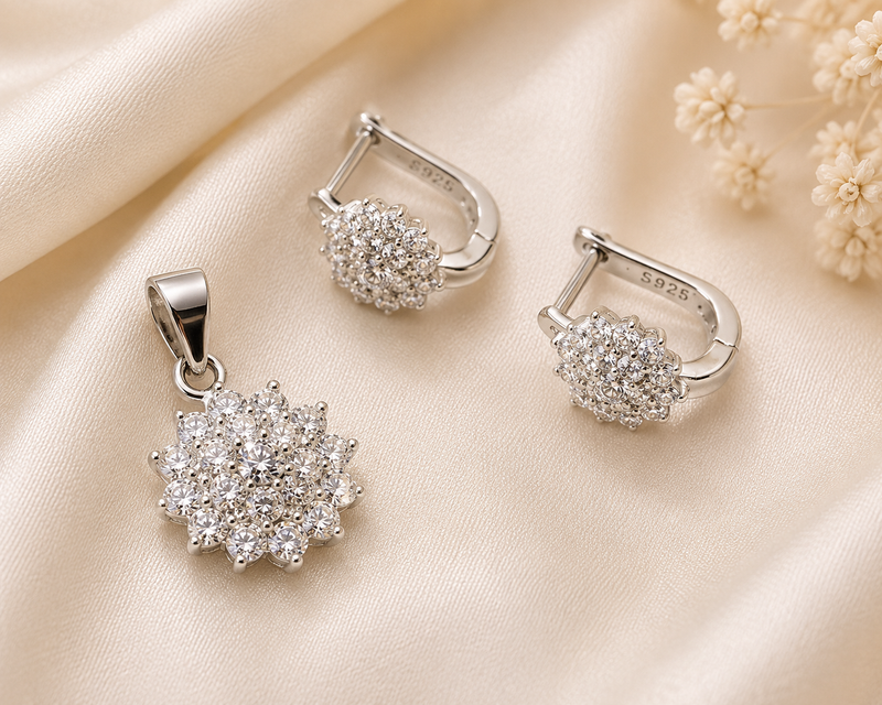 AANYA Sparkling Blossom Pendant & Earrings Set