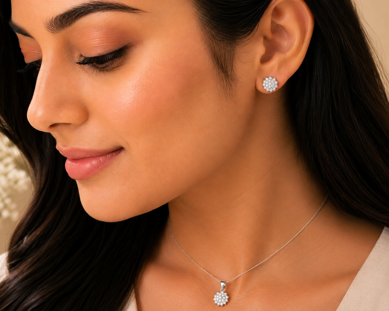 AANYA Sparkling Blossom Pendant & Earrings Set