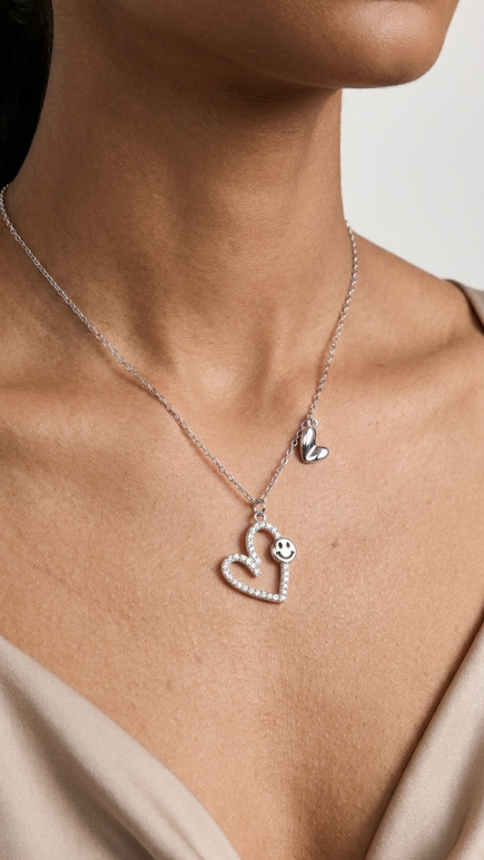 Smiley Twin Heart CZ Silver Pendant