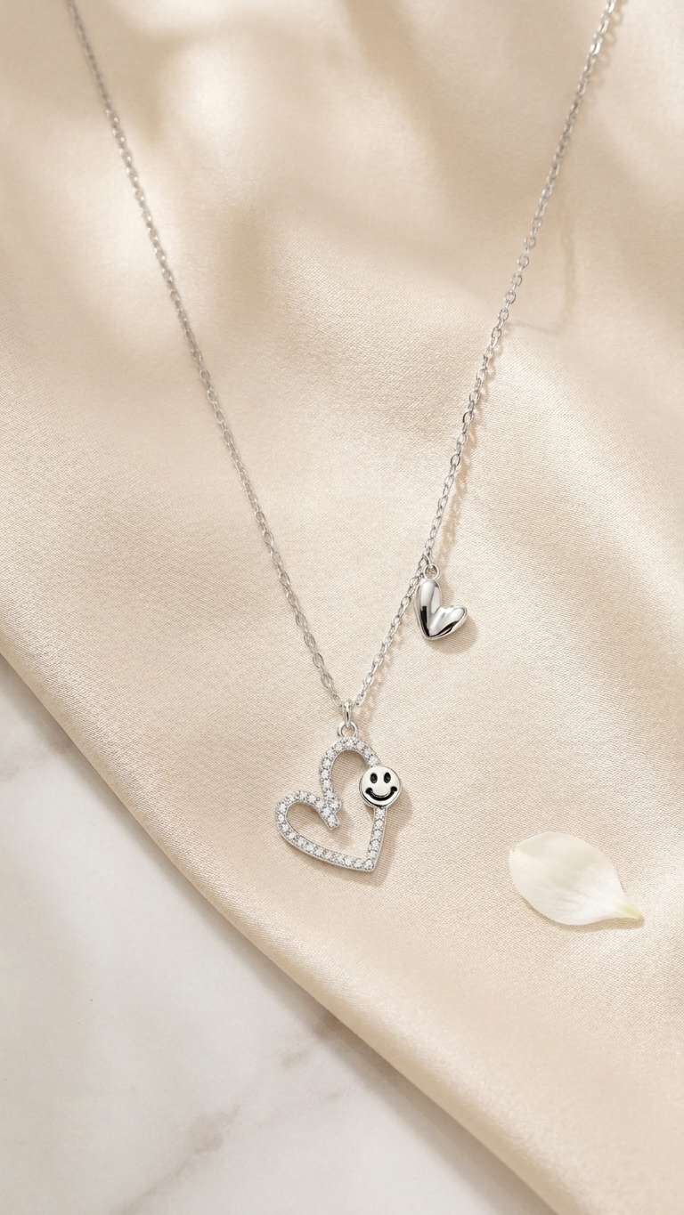 AANYA Smiley Twin Heart CZ Silver Pendant