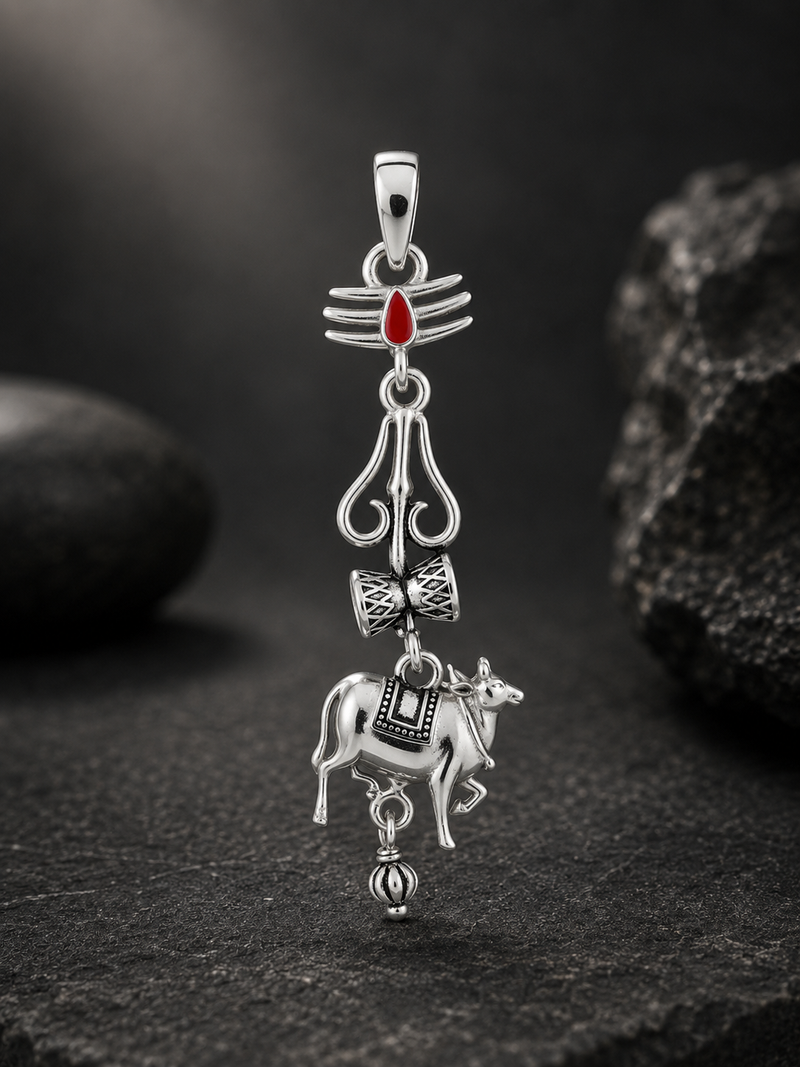 Silver ssmb varanasi pendant with a cow design on a dark background