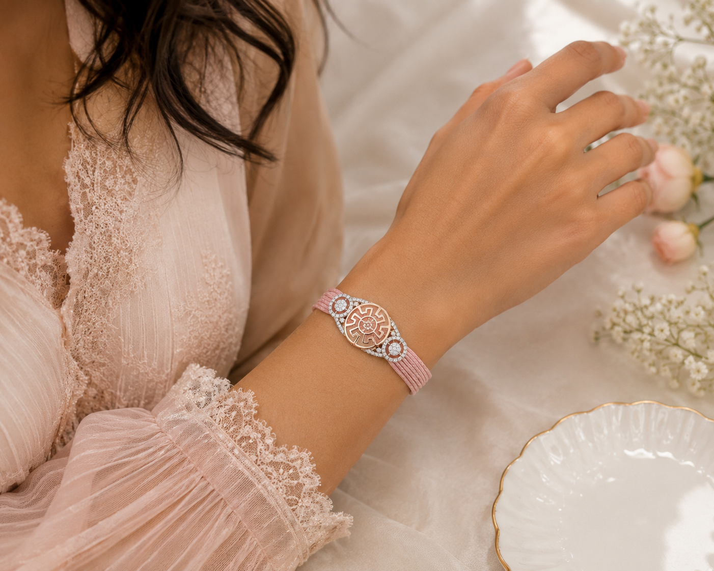 Close-up of crimson bracelet showcasing sparkling Cubic Zirconia detailing