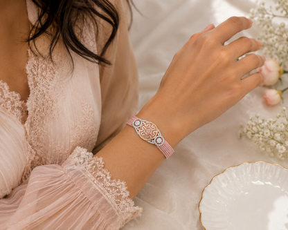 Close-up of crimson bracelet showcasing sparkling Cubic Zirconia detailing