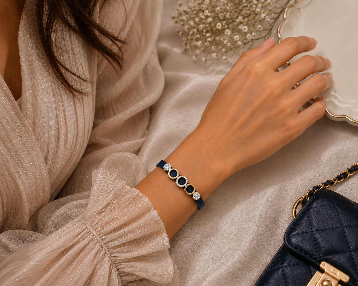 Close-up of Noir Eclipse Bracelet showcasing black stone detailing