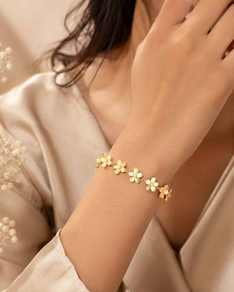 925 Sterling Silver Gold Plated Daisy Floral Bracelet with Cubic Zirconia by AANYA Jewellery