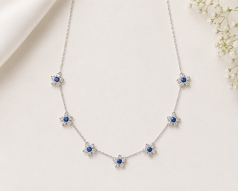 AANYA Blue CZ Floral Station Necklace